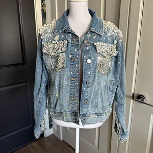 Custom Made Rhinestone and Pearl Bedazzled Disco Fringe Jean Jacket Size L